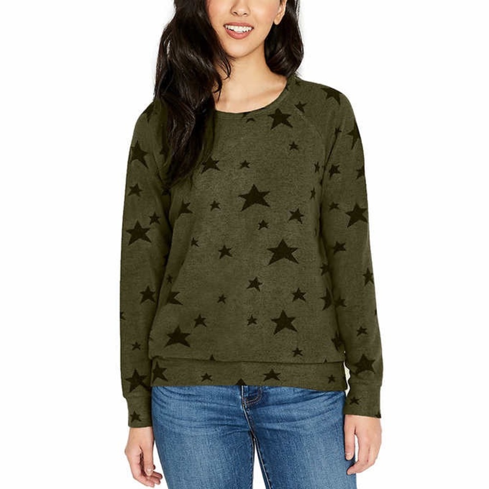 Buffalo David Bitton Green Relaxed Cozy Top w/ Black Stars Pattern Army Green